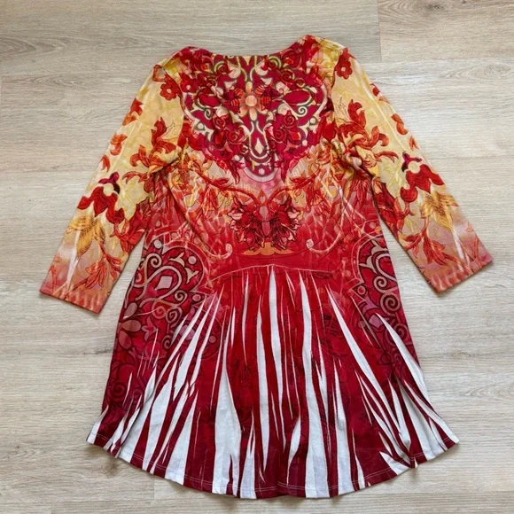 Vibrant One World Red and Yellow Abstract Floral Rhinestone Embellished Tunic - Picture 9 of 11